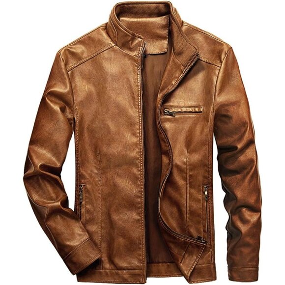 Brand New Men's Brown Leather Moto Jacket Faux Biker Lightweight Zip Pockets - Picture 1 of 6